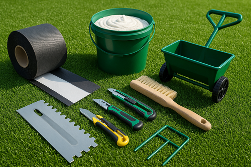 artificial grass accessories laying on artificial grass