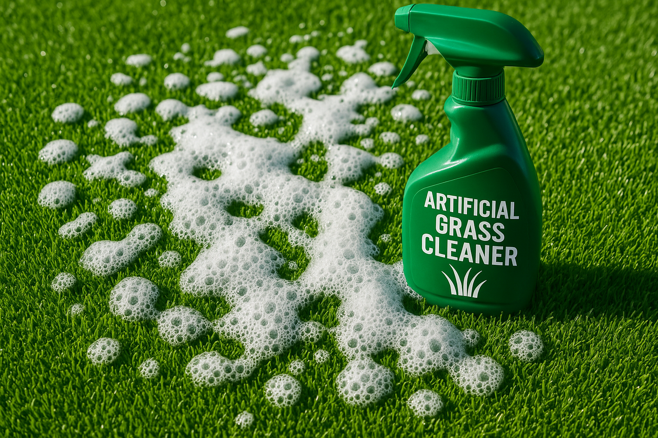 artificial grass cleaner foaming bubbles on artificial grass lawn