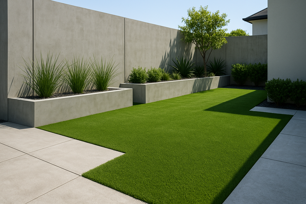 artificial lawn next to concrete modern garden
